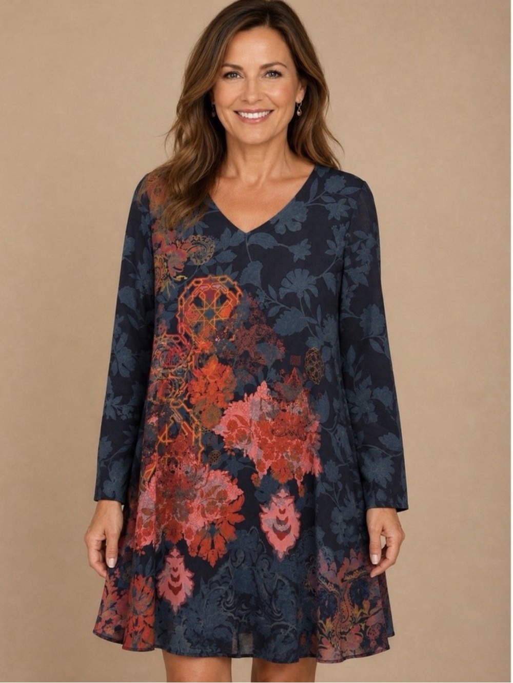 Soft Surroundings Womens 2X Long Sleeve Floral Dress Black V Neck Boho Party